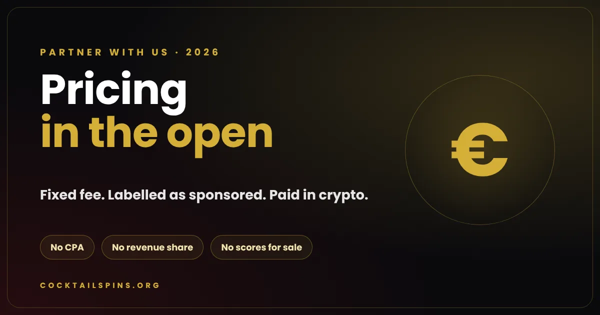 Cocktailspins pricing: fixed fee, labelled as sponsored, paid in crypto
