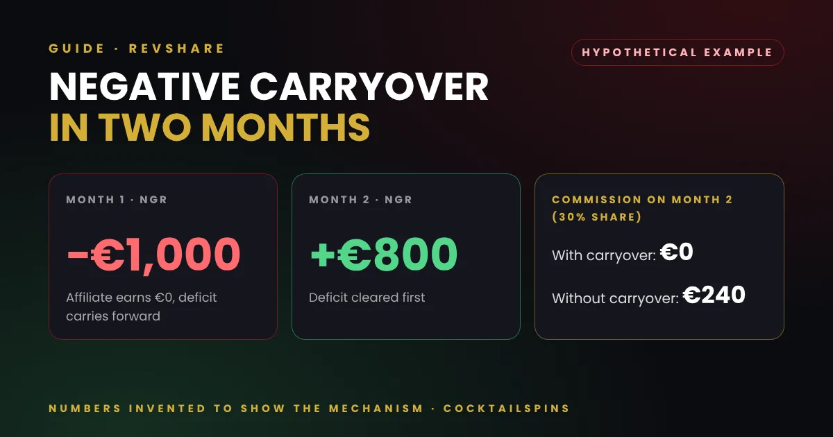 Hypothetical example: negative carryover over two months, commission 0 euro with carryover and 240 euro without