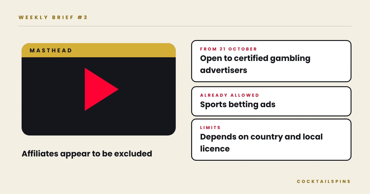 YouTube Masthead ads open to certified online gambling advertisers from 21 October, limited by country and licence